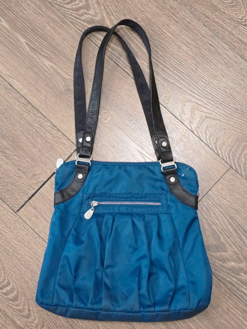 Baggallini Audrey Teal Nylon Travel Satchel Shoulder Bag Organizer Leather Trim